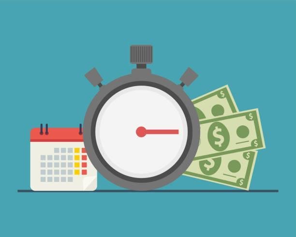 The concept of managing your time and money. Time is money or time to pay. Financial planning, deadline and time management, payment day. Vector illustration.